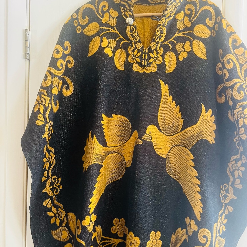 VTG Boho Hippie Festival Woven Bird Fringe Made In Mexico Kaftan Poncho O/S - Picture 2 of 9